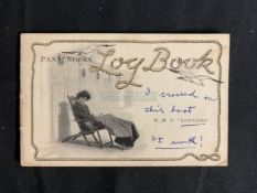 R.M.S. LUSITANIA: Unusual onboard passenger log book with handwritten comment on the front cover, 'I