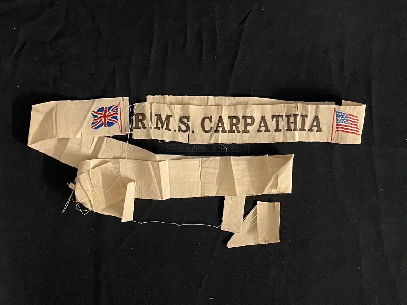 R.M.S. CARPATHIA: Extremely rare white ground gala night ribbon showing Stars and Stripes together