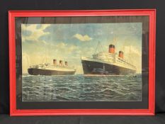 CUNARD: Rare Frederick Hoertz promotional poster for the Queens Elizabeth and Mary. Circa 1948.