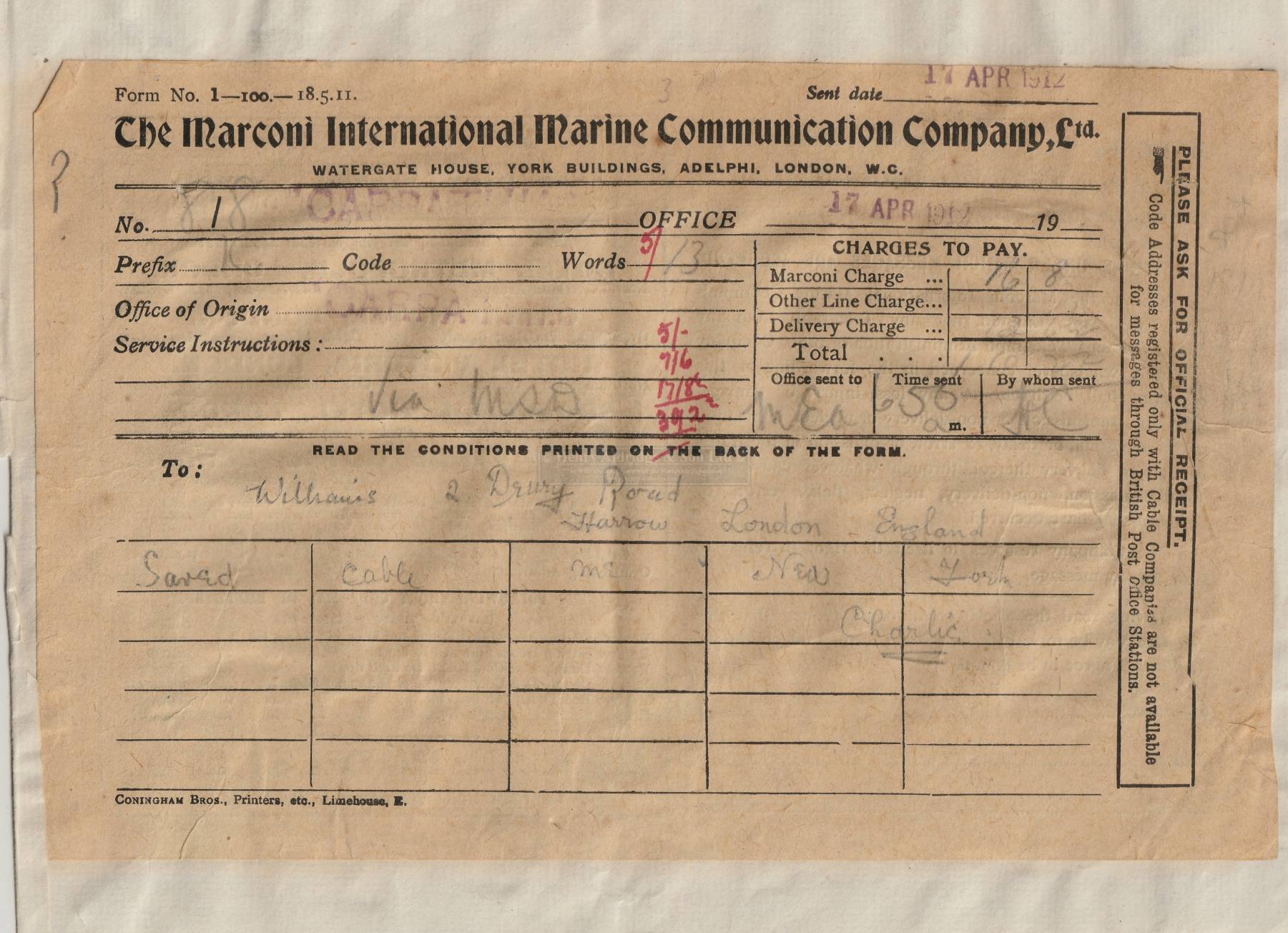 R.M.S. Titanic: S.S. Carpathia: Post-Disaster survivor messages transmitted on 17th April 1912, - Image 2 of 2