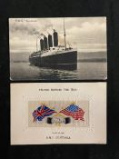 R.M.S. LUSITANIA: Hands Across The Sea woven in silk postcard, used (not postally) and R.M.S.