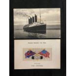 R.M.S. LUSITANIA: Hands Across The Sea woven in silk postcard, used (not postally) and R.M.S.