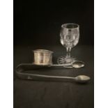 WHITE STAR LINE: Crystal liqueur glass. 3ins. Plus napkin ring and sugar tongs. (3)