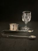 WHITE STAR LINE: Crystal liqueur glass. 3ins. Plus napkin ring and sugar tongs. (3)