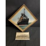 OCEAN LINER: R.M.S. Titanic reverse glass painting, Lusitania post-disaster real photo card and a