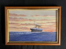 R.M.S. TITANIC: Simon Fisher original oil on board Titanic sailing into the sunset. 11½ins. x 8ins.