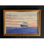 R.M.S. TITANIC: Simon Fisher original oil on board Titanic sailing into the sunset. 11½ins. x 8ins.