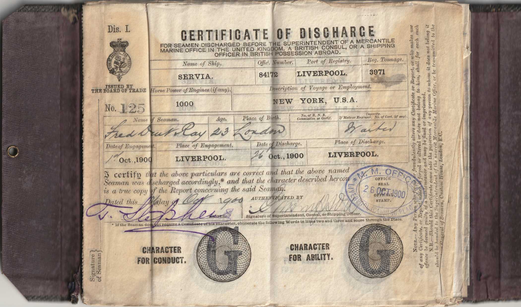 R.M.S. TITANIC: Frederick Dent Ray's Continuous Certificates of Discharge Books from 1898-1900, then - Image 4 of 4