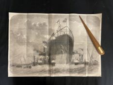 BRUNEL: 19th Century prints of The Great Eastern at sea. 20ins. x 14ins. Plus a treen page turner