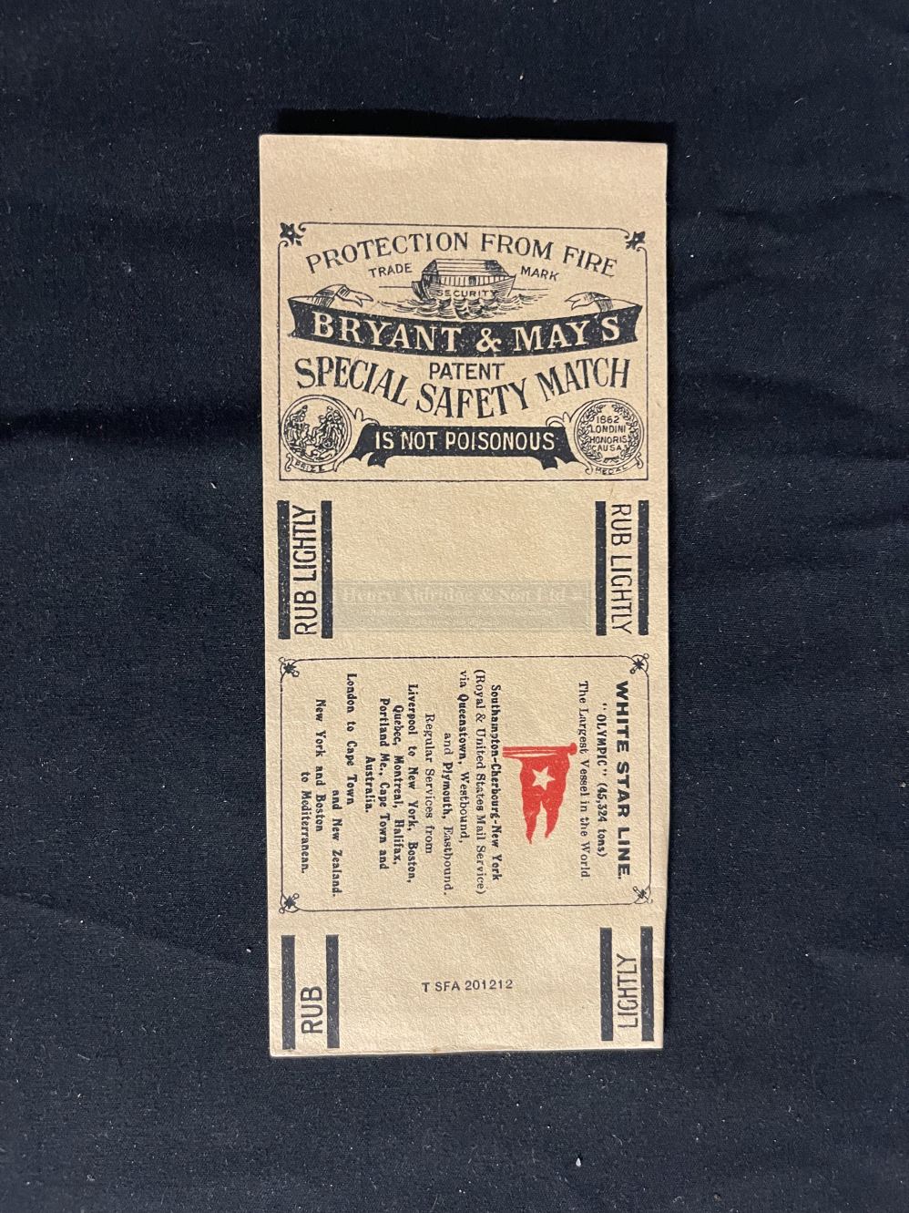 WHITE STAR LINE: Rare Bryant and May R.M.S. Olympic promotional match label. 6ins. x 3ins. - Image 2 of 2