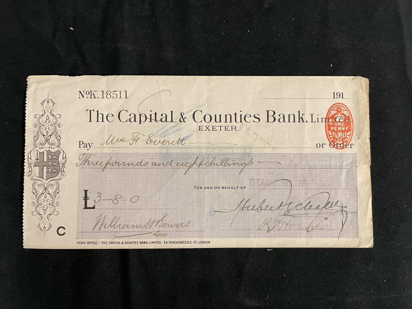 R.M.S. TITANIC: Titanic Disaster Relief Fund cheque, payable to Mrs F. Everett.