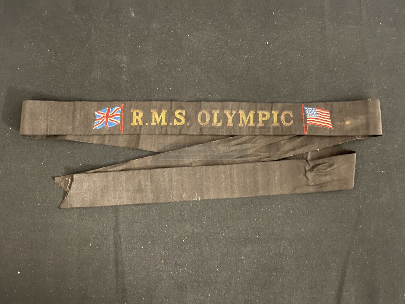 WHITE STAR LINE: Rare R.M.S. Olympic silk gala ribbon. 42ins.