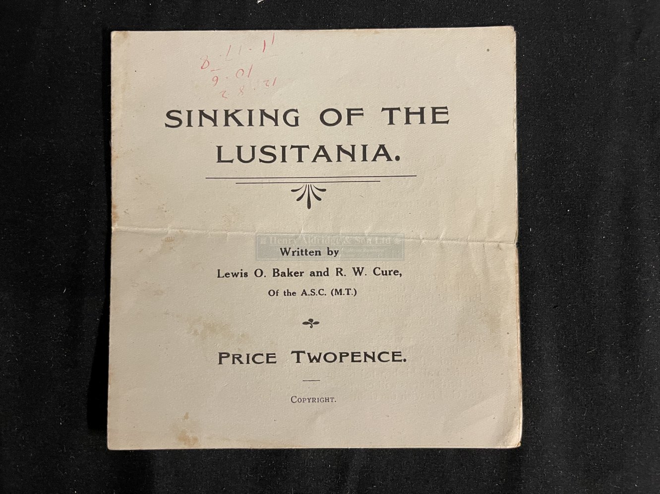 R.M.S. LUSITANIA: Rare pamphlet titled The Sinking of The Lusitania by Lewis O. Baker and R. W.