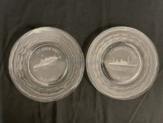 CUNARD: Stuart Crystal Queen Mary and Queen Elizabeth Final Voyage commemorative crystal plates. 8½