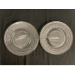 CUNARD: Stuart Crystal Queen Mary and Queen Elizabeth Final Voyage commemorative crystal plates. 8½