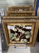 19th cent. Wall tiles, floral designs, all individual patterns with gilt frames. 6ins. x 6ins. (4)