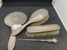 Hallmarked Silver: Three piece dressing table set, hallmarked Birmingham 1925 and 1926. Plus a