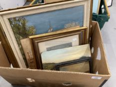 English School: Watercolour dated 1922, ship at sea, two small oils on wood of boats, signed oil '