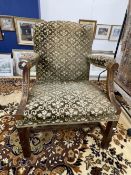 Late 18th cent. Mahogany Gainsborough armchair with pierced H stretcher and blind fretwork on the