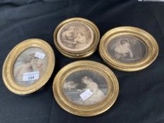 18th cent. Prints in oval gilt frames, one a coloured print of Hebe dated 1872, by E.M. Dieniar,