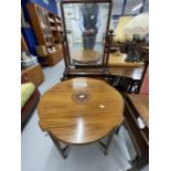 19th cent. Mahogany swing mirror. Edwardian mahogany tables, one with shaped round top with inlaid