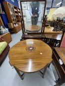 19th cent. Mahogany swing mirror. Edwardian mahogany tables, one with shaped round top with inlaid