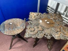 20th cent. Hardwood carved tables, one African depicting local fauna. 16ins. x 13ins. Dia. The other
