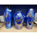 20th cent. Ceramics: Devon lustreware, Fieldings, Summer Butterflies, blue/gilt lustre, vases one