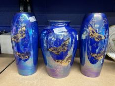 20th cent. Ceramics: Devon lustreware, Fieldings, Summer Butterflies, blue/gilt lustre, vases one