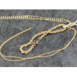 Hallmarked Gold: 9ct two necklets one hammered curb link, one trace link, and a rope link