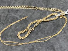 Hallmarked Gold: 9ct two necklets one hammered curb link, one trace link, and a rope link