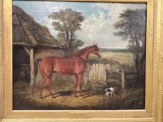 19th cent. English School: Oil on canvas Farmyard Study Horse and Dog, in the manner of Herring