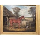 19th cent. English School: Oil on canvas Farmyard Study Horse and Dog, in the manner of Herring