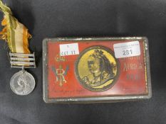 Militaria: Boer War Cadbury's Christmas tin, plus Queen's South Africa Medal (3 bar) to Private J.