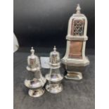 Hallmarked Silver: Pair of pepper pots hallmarked Chester, total weight 3.29oz. Plus a silver plated