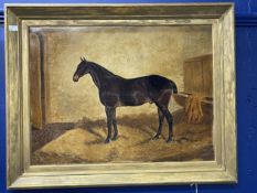 19th cent. English School: Oil on canvas Horse in Stall, attributed to Harry Hall, gilt framed.