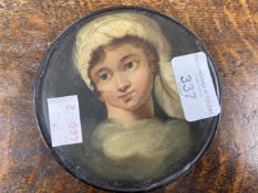 19th cent. Papier mache snuff box with painted young lady to lid. 4¼ins.
