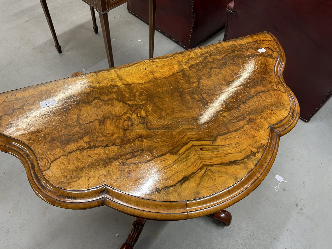 19th cent. Walnut card table, the serpentine shaped fold over swizzle top supported by a shaped - Image 2 of 4