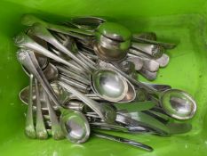 Silver Plate: Eight place setting, knives, forks, dessert and soup spoons, Cooper Bros.