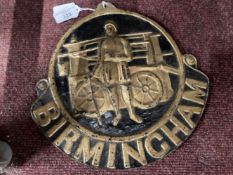 Birmingham Fire Insurance wall plaque, cat with a fireman before a fire cart. 10½ins.