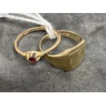 Hallmarked Jewellery: 9ct gold signet ring with cushion shaped head and a 9ct gold ring set with a