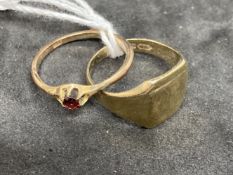 Hallmarked Jewellery: 9ct gold signet ring with cushion shaped head and a 9ct gold ring set with a