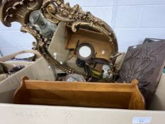 19th/20th cent. Treen and gilt wood wall mirror, carved treen shaving mirror, and other vanity