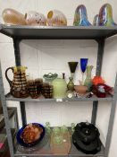 20th cent. Glassware: Vase, soda glass vase, Nailsea glass pipe, iridescent lamp shades, End of Day,