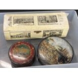 19th cent. Continental papier mache snuff box with painted scene of figures and animals 3½ins, small