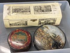 19th cent. Continental papier mache snuff box with painted scene of figures and animals 3½ins, small