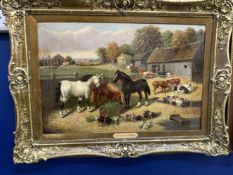 19th cent. English School: Oil on canvas Farmyard Study with Huntsmen in background, in the manner