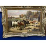 19th cent. English School: Oil on canvas Farmyard Study with Huntsmen in background, in the manner