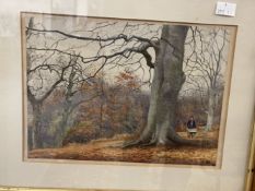 English School: Watercolour "Man in Woods" monogram CH, dated 82, possible Charles Hollis in maple