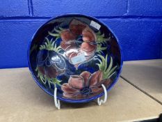 Ceramics: Moorcroft blue ground fruit bowl, tube decorated poppies in relief. 3ins.